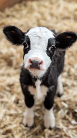 Black and white calf standing alert on clean straw bedding.