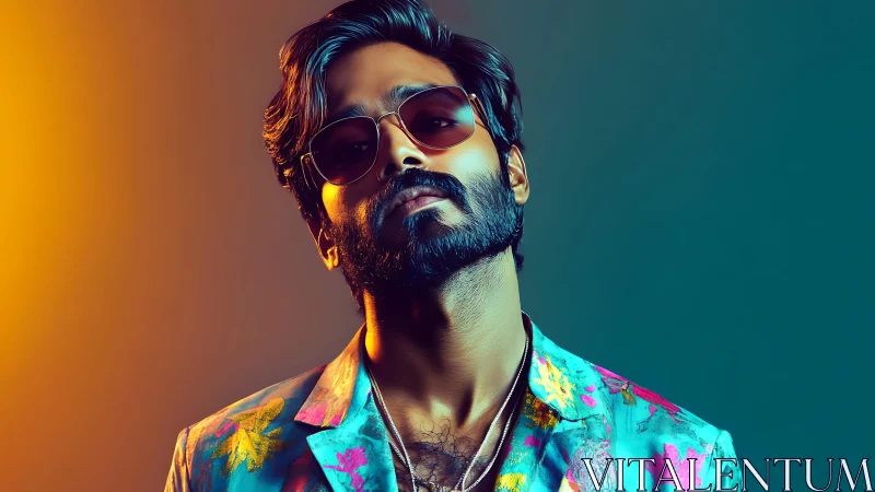 Sunlit swagger in neon florals and cinematic cool gaze.