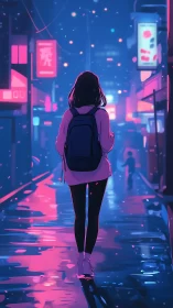 Solitary pedestrian on neon-lit wet city street at night.