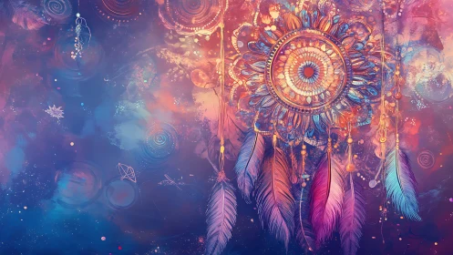 Digital feathered mandala with radial symmetry occupies right side