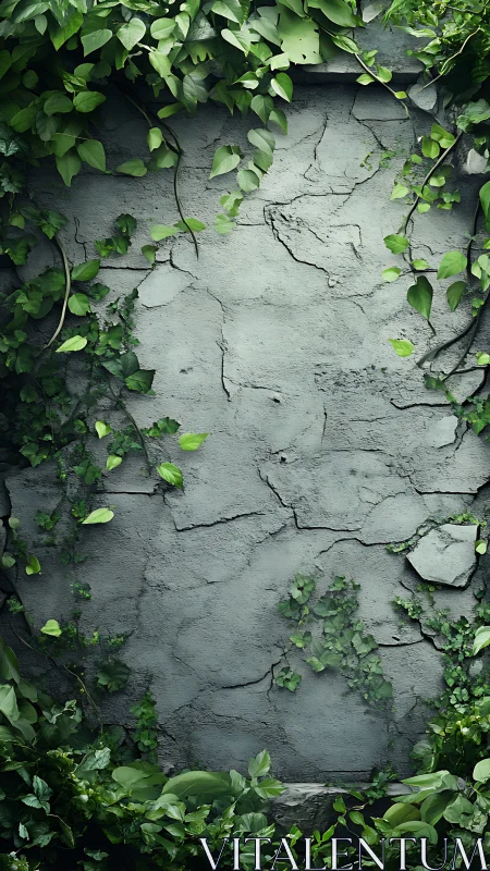 Weathered concrete wall overgrown with dense climbing foliage