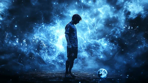Digital painting of lone footballer in cosmic blue vortex field.