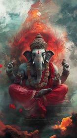 Elephant-headed deity figure seated amid clouds and fire.