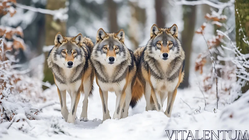 Winter wolf trio standing proud in a peaceful snowy forest.
