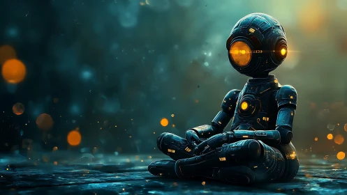 Meditating robot figure in glowing futuristic landscape.