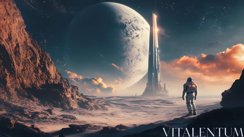 Lone astronaut approaches luminous monolith on alien moon.