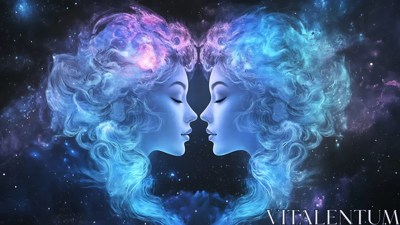 Twin Cosmic Minds: Ethereal Faces Merged in Luminous Space.