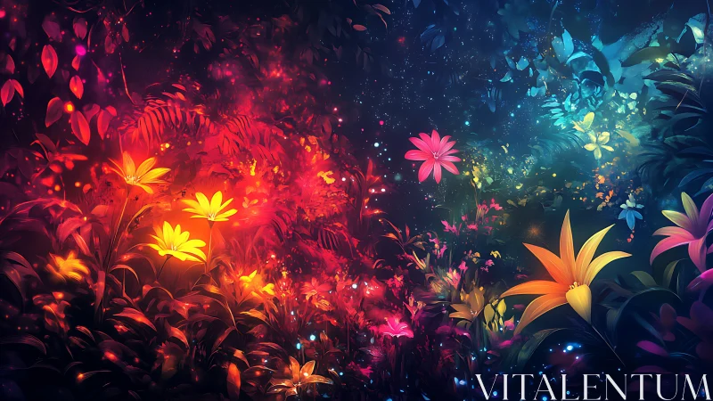 Luminous fantasy garden with glowing neon wildflowers.