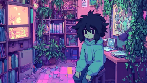Moody anime teen in neon-lit overgrown gaming study.