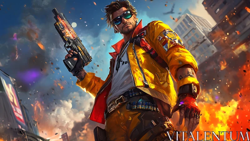 Cyberpunk mercenary holds pistol before burning cityscape