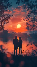 Romantic sunset silhouettes sharing a quiet lakeside moment.