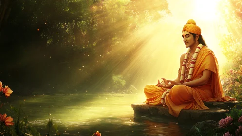 Digital painting of serene riverbank meditation in golden light.