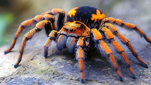 High-saturation macro view of vividly banded orange tarantula