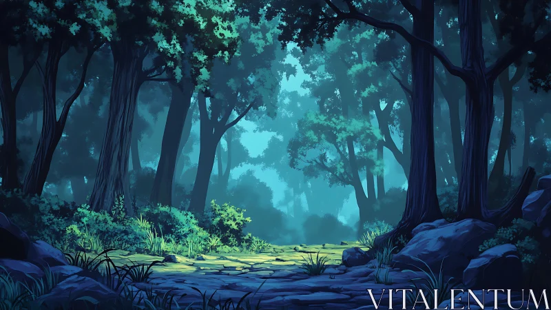 Luminescent Forest Path. Ethereal woodland sanctuary rendered digital art.