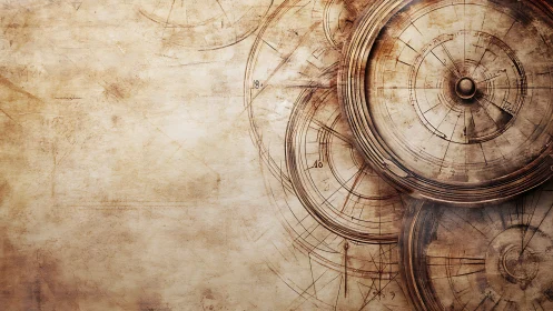 Worn clockwork diagrams circle gently across aged paper