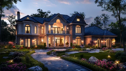 Twilight manor hums with warm windows and storybook gardens