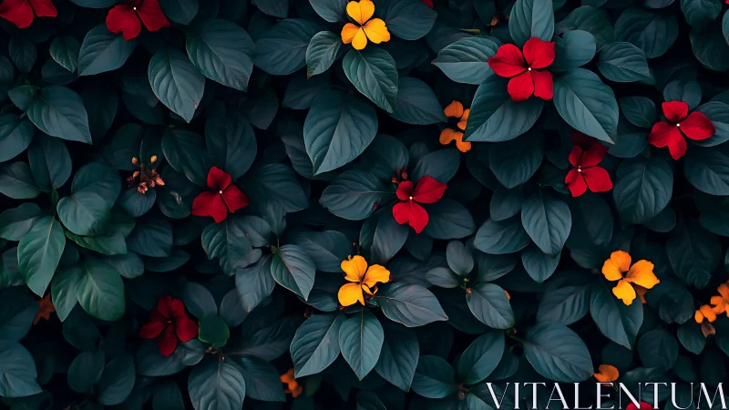 Dark foliage with red and yellow flower clusters overhead.