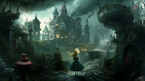 Midnight wanderer steps into a crooked, dreamlit city maze