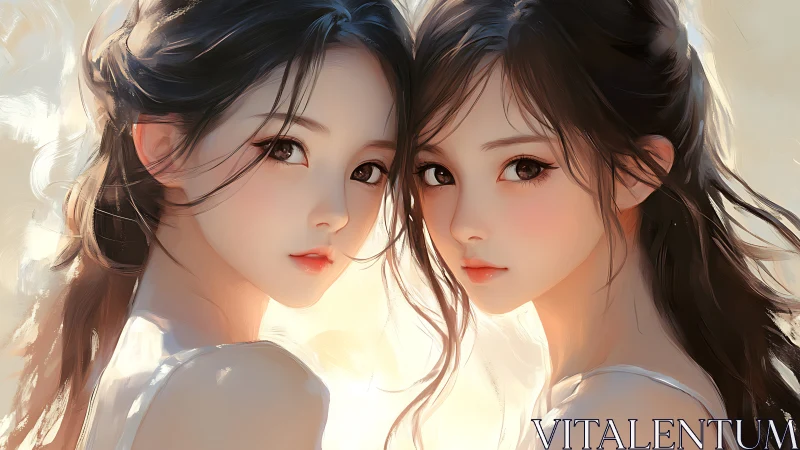 Twin figures in golden light embrace.