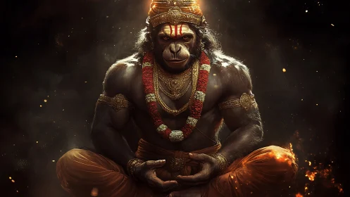 Divine warrior monkey god sits in fiery meditative calm