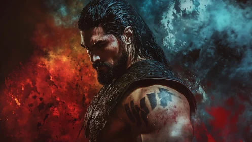 Warrior profile amid red and cyan elemental storm clouds.