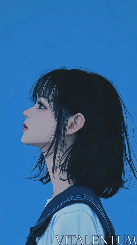 Side profile of girl in blue background, digital portrait.