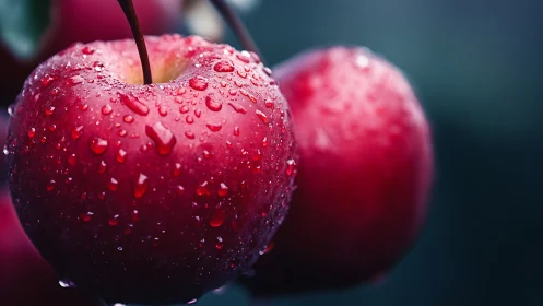 Juicy red apples glistening softly with fresh morning dew.