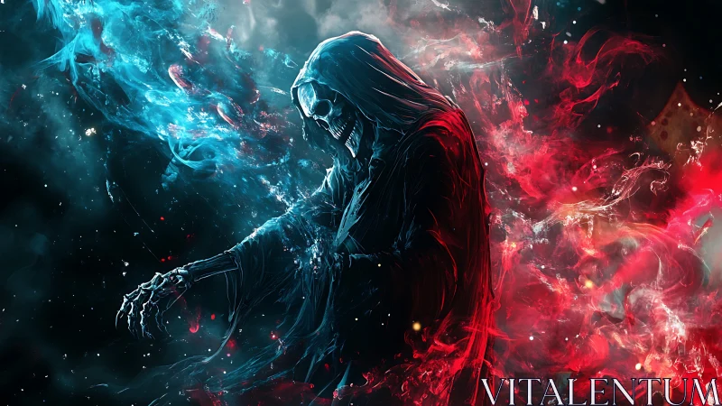 Hooded reaper commands swirling red and blue ethereal fire