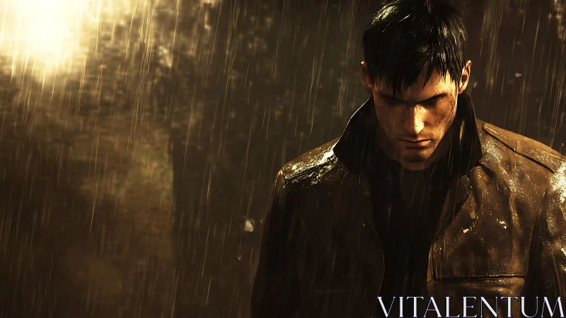 Male figure stands in heavy rain under directional backlight