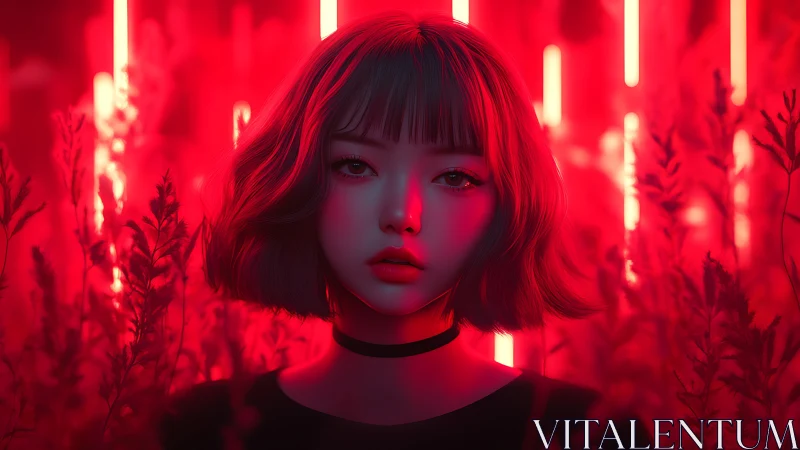Neon-lit portrait of short-bob girl in crimson foliage field.