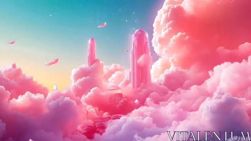 Surreal pastel cloudscape with crystalline sky spires rendered precisely.