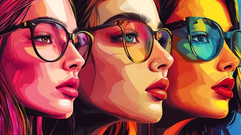 Pop art portrait triptych in vivid overlapping vector planes.