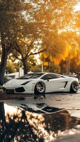 Sunlit supercar daydream under golden autumn canopies.