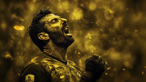 Soccer goalkeeper celebrates victory amid golden light storm
