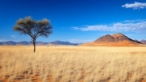 Isolated acacia tree anchors arid grassland before desert ridge