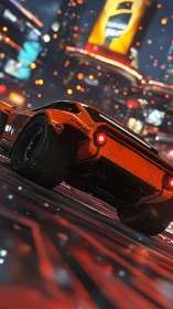 Low-angle cyber muscle car cuts through neon particle storm