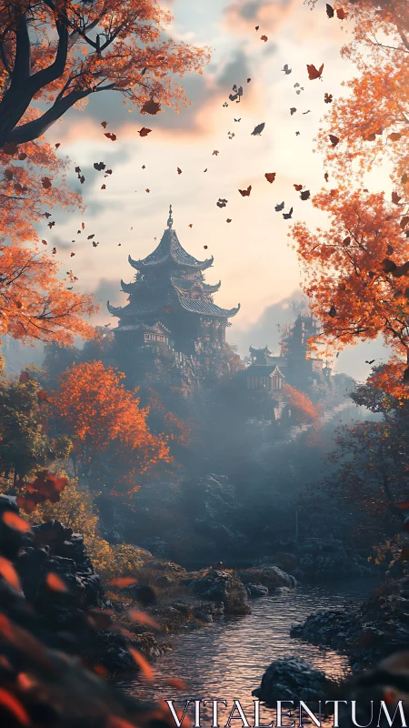 Riverside pagoda landscape framed by autumn foliage.