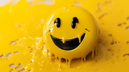 Melting yellow smiley face ball in glossy liquid pool.