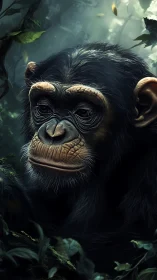 Gentle jungle daydream with a thoughtful young chimpanzee.