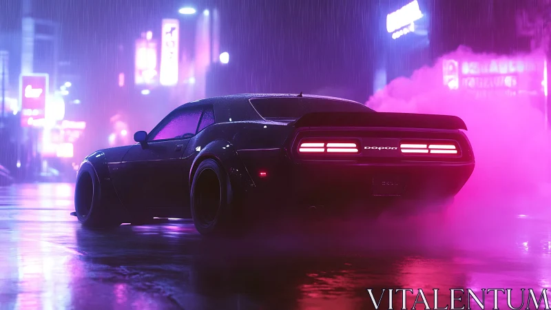 Neon muscle car idles in a rainy cyberpunk city street at night.