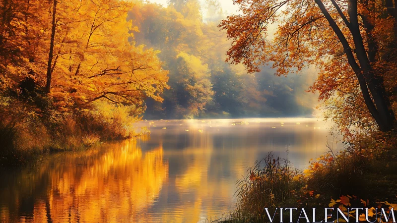 Autumn forest lake with misty backlight and golden foliage reflections