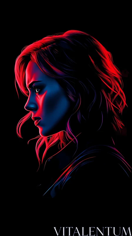 Neon-lit resolve in electric blue and crimson silhouette.