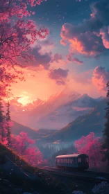 Railcar passes cherry trees under vivid pink mountain sunset
