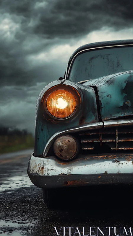 Weathered vintage car front on wet road under storm clouds.