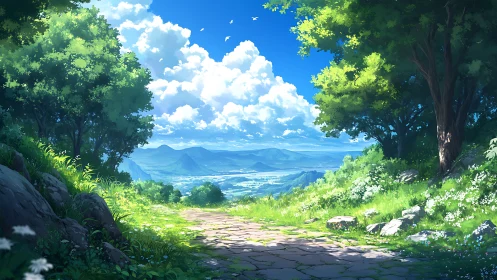 Sunlit hillside path overlooks distant valley and mountains