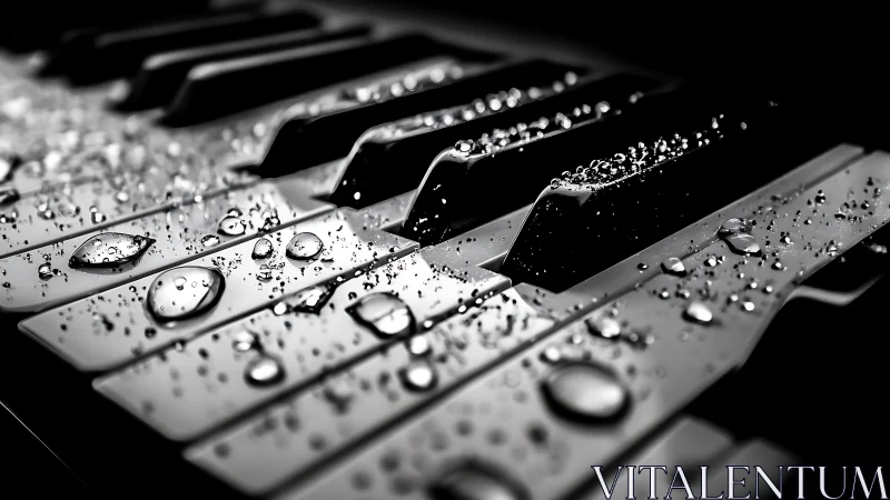 Rain-kissed piano keys glowing softly in monochrome light.