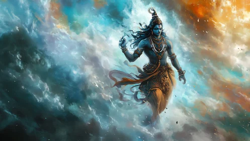 Divine blue deity strides through turbulent chromatic clouds
