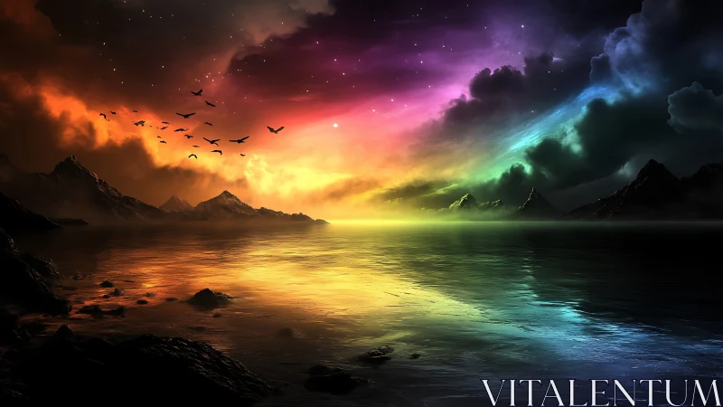 Spectral aurora over mountainous coastline with mirrorlike sea.
