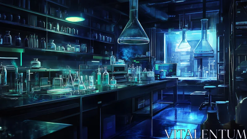 Cybernetic wet lab interior with neon-lit analytical glassware