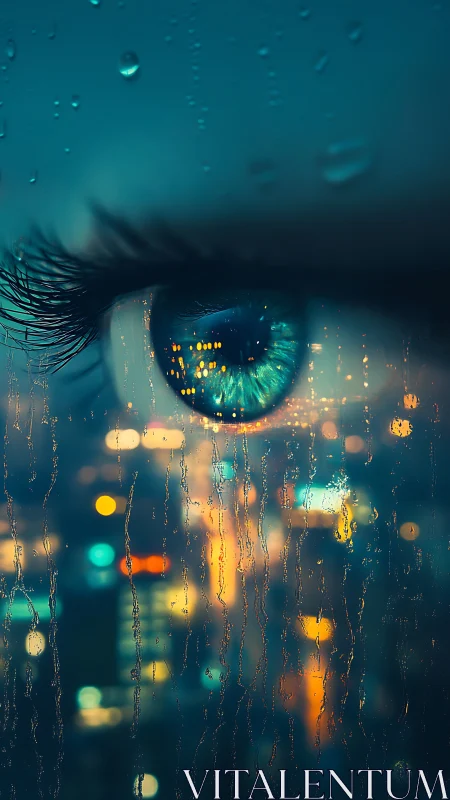 Close-up human eye with city lights through wet glass.